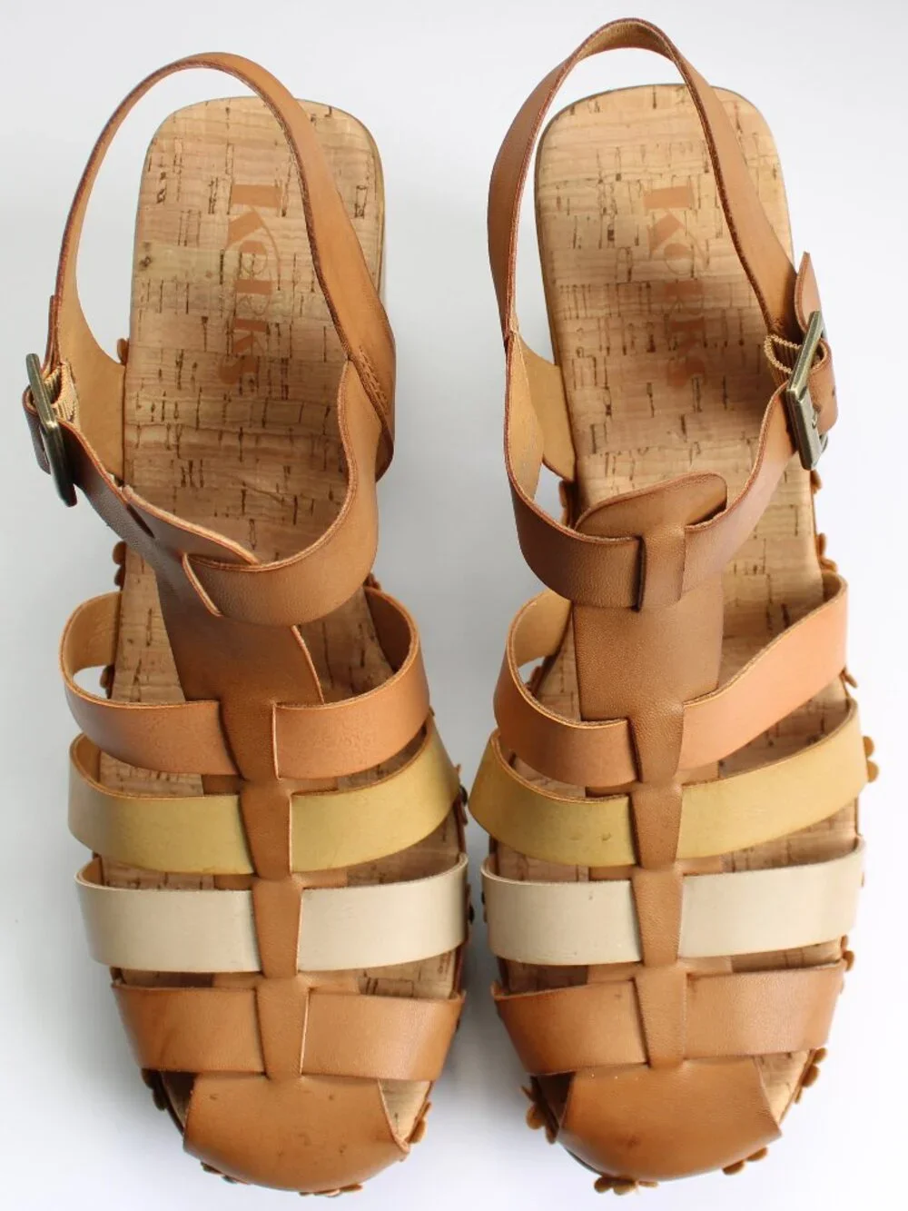 Korks Willow Floral Decal Buckle Platform Block Heel Sandals Tan Cream Size 10 - Picture 4 of 7